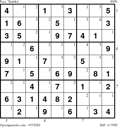 The grouppuzzles.com Easy Sudoku puzzle for Saturday September 7, 2024 with all 4 steps marked