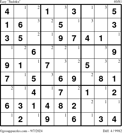 The grouppuzzles.com Easy Sudoku puzzle for Saturday September 7, 2024 with the first 3 steps marked