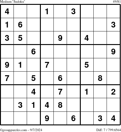 The grouppuzzles.com Medium Sudoku puzzle for Saturday September 7, 2024