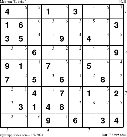 The grouppuzzles.com Medium Sudoku puzzle for Saturday September 7, 2024 with all 7 steps marked