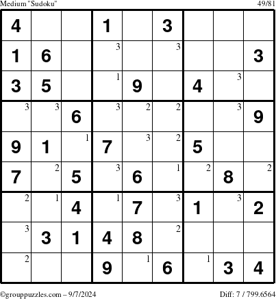 The grouppuzzles.com Medium Sudoku puzzle for Saturday September 7, 2024 with the first 3 steps marked