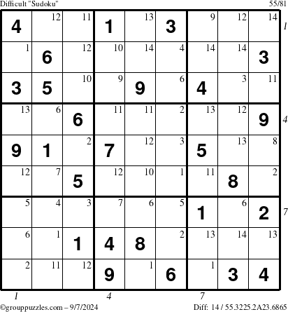 The grouppuzzles.com Difficult Sudoku puzzle for Saturday September 7, 2024 with all 14 steps marked