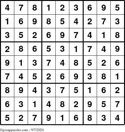 The grouppuzzles.com Answer grid for the Sudoku puzzle for Saturday September 7, 2024