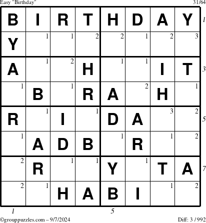 The grouppuzzles.com Easy Birthday puzzle for Saturday September 7, 2024 with all 3 steps marked