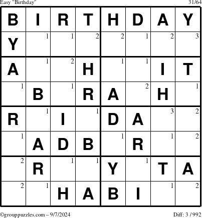 The grouppuzzles.com Easy Birthday puzzle for Saturday September 7, 2024 with the first 3 steps marked