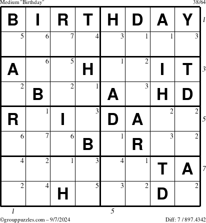 The grouppuzzles.com Medium Birthday puzzle for Saturday September 7, 2024 with all 7 steps marked