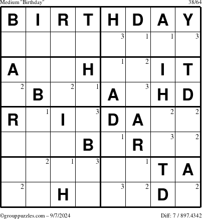 The grouppuzzles.com Medium Birthday puzzle for Saturday September 7, 2024 with the first 3 steps marked