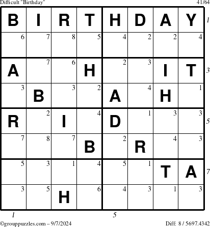 The grouppuzzles.com Difficult Birthday puzzle for Saturday September 7, 2024 with all 8 steps marked