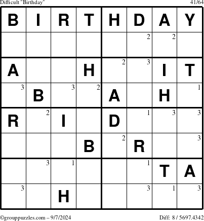 The grouppuzzles.com Difficult Birthday puzzle for Saturday September 7, 2024 with the first 3 steps marked