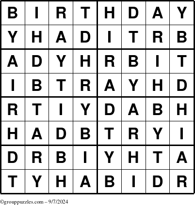 The grouppuzzles.com Answer grid for the Birthday puzzle for Saturday September 7, 2024