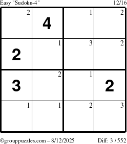 The grouppuzzles.com Easy Sudoku-4 puzzle for Tuesday August 12, 2025 with the first 3 steps marked
