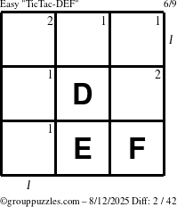 The grouppuzzles.com Easy TicTac-DEF puzzle for Tuesday August 12, 2025 with all 2 steps marked