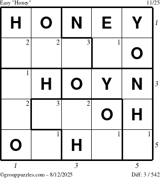 The grouppuzzles.com Easy Honey puzzle for Tuesday August 12, 2025 with all 3 steps marked