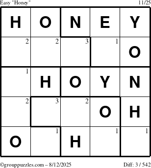The grouppuzzles.com Easy Honey puzzle for Tuesday August 12, 2025 with the first 3 steps marked