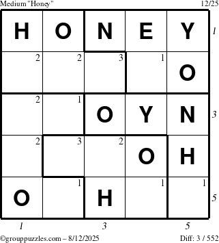 The grouppuzzles.com Medium Honey puzzle for Tuesday August 12, 2025 with all 3 steps marked