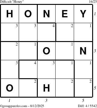 The grouppuzzles.com Difficult Honey puzzle for Tuesday August 12, 2025, suitable for printing, with all 4 steps marked
