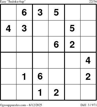 The grouppuzzles.com Easy Sudoku-6up puzzle for Tuesday August 12, 2025