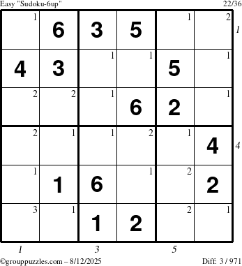 The grouppuzzles.com Easy Sudoku-6up puzzle for Tuesday August 12, 2025 with all 3 steps marked