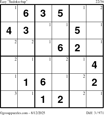 The grouppuzzles.com Easy Sudoku-6up puzzle for Tuesday August 12, 2025 with the first 3 steps marked