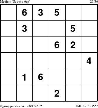 The grouppuzzles.com Medium Sudoku-6up puzzle for Tuesday August 12, 2025