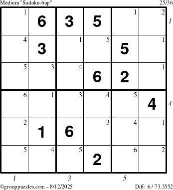 The grouppuzzles.com Medium Sudoku-6up puzzle for Tuesday August 12, 2025 with all 6 steps marked
