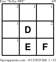 The grouppuzzles.com Easy TicTac-DEF puzzle for Tuesday August 12, 2025 with the first 2 steps marked