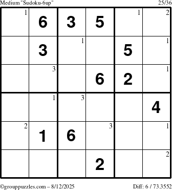 The grouppuzzles.com Medium Sudoku-6up puzzle for Tuesday August 12, 2025 with the first 3 steps marked