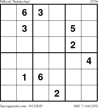 The grouppuzzles.com Difficult Sudoku-6up puzzle for Tuesday August 12, 2025