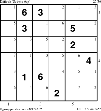 The grouppuzzles.com Difficult Sudoku-6up puzzle for Tuesday August 12, 2025 with all 7 steps marked