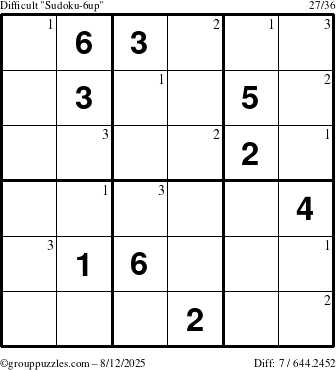 The grouppuzzles.com Difficult Sudoku-6up puzzle for Tuesday August 12, 2025 with the first 3 steps marked