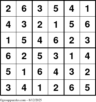 The grouppuzzles.com Answer grid for the Sudoku-6up puzzle for Tuesday August 12, 2025