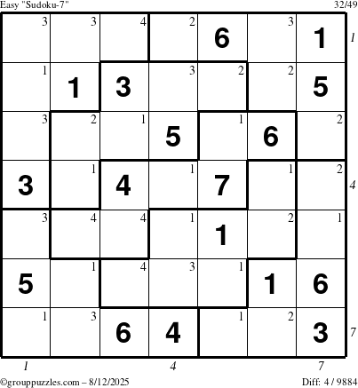 The grouppuzzles.com Easy Sudoku-7 puzzle for Tuesday August 12, 2025 with all 4 steps marked