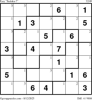 The grouppuzzles.com Easy Sudoku-7 puzzle for Tuesday August 12, 2025 with the first 3 steps marked