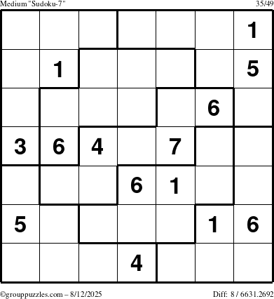 The grouppuzzles.com Medium Sudoku-7 puzzle for Tuesday August 12, 2025