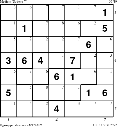 The grouppuzzles.com Medium Sudoku-7 puzzle for Tuesday August 12, 2025 with all 8 steps marked