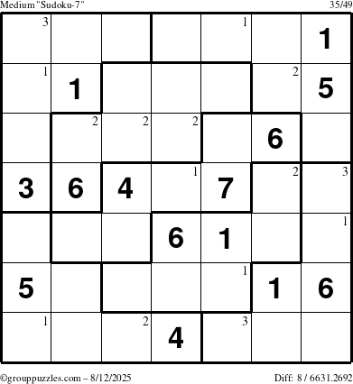 The grouppuzzles.com Medium Sudoku-7 puzzle for Tuesday August 12, 2025 with the first 3 steps marked