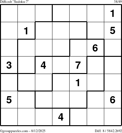 The grouppuzzles.com Difficult Sudoku-7 puzzle for Tuesday August 12, 2025