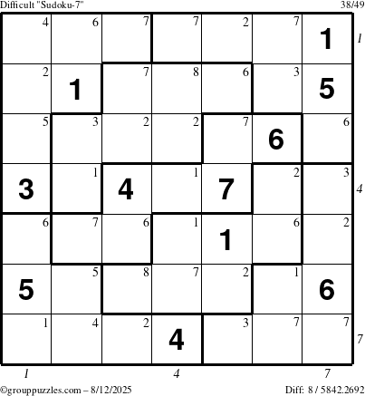 The grouppuzzles.com Difficult Sudoku-7 puzzle for Tuesday August 12, 2025 with all 8 steps marked