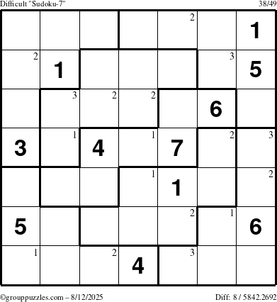 The grouppuzzles.com Difficult Sudoku-7 puzzle for Tuesday August 12, 2025 with the first 3 steps marked