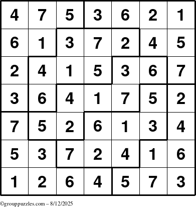 The grouppuzzles.com Answer grid for the Sudoku-7 puzzle for Tuesday August 12, 2025