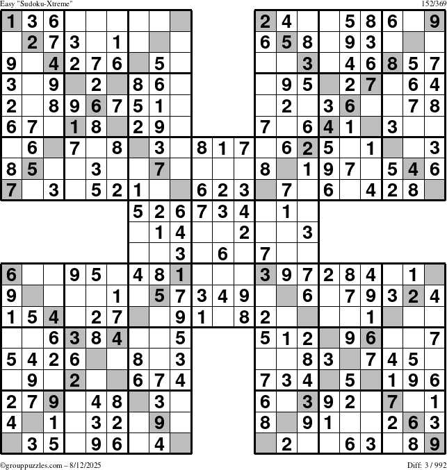 The grouppuzzles.com Easy Sudoku-Xtreme puzzle for Tuesday August 12, 2025