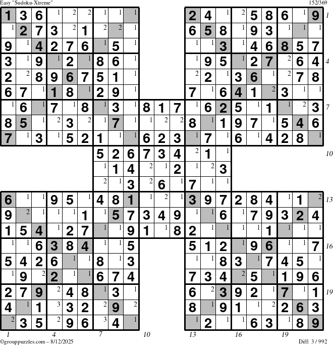 The grouppuzzles.com Easy Sudoku-Xtreme puzzle for Tuesday August 12, 2025 with all 3 steps marked