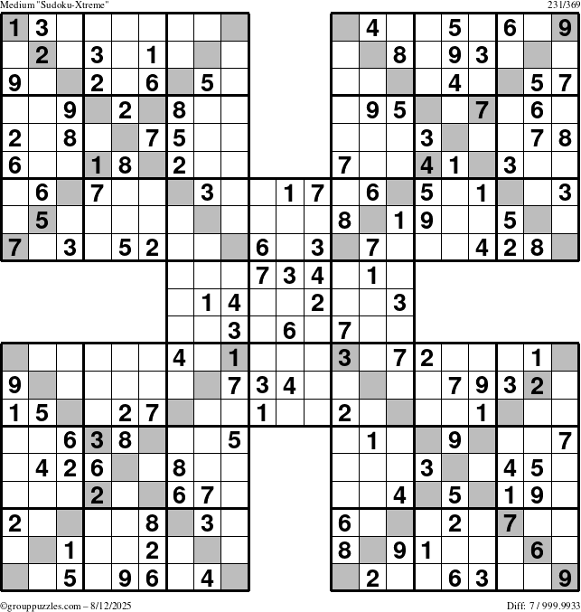 The grouppuzzles.com Medium Sudoku-Xtreme puzzle for Tuesday August 12, 2025