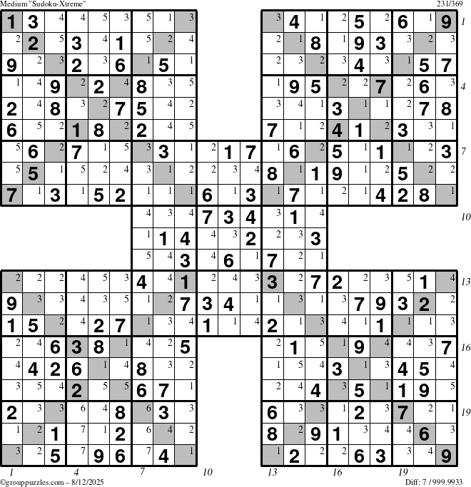 The grouppuzzles.com Medium Sudoku-Xtreme puzzle for Tuesday August 12, 2025 with all 7 steps marked