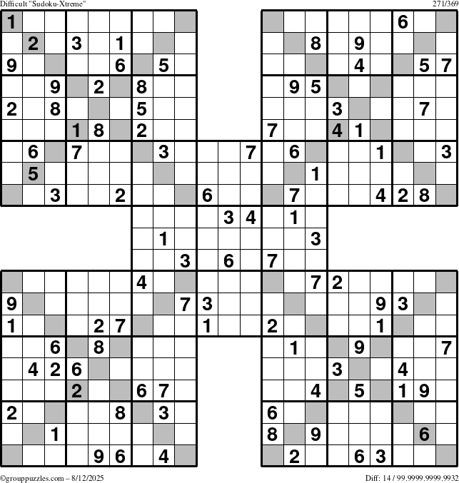 The grouppuzzles.com Difficult Sudoku-Xtreme puzzle for Tuesday August 12, 2025