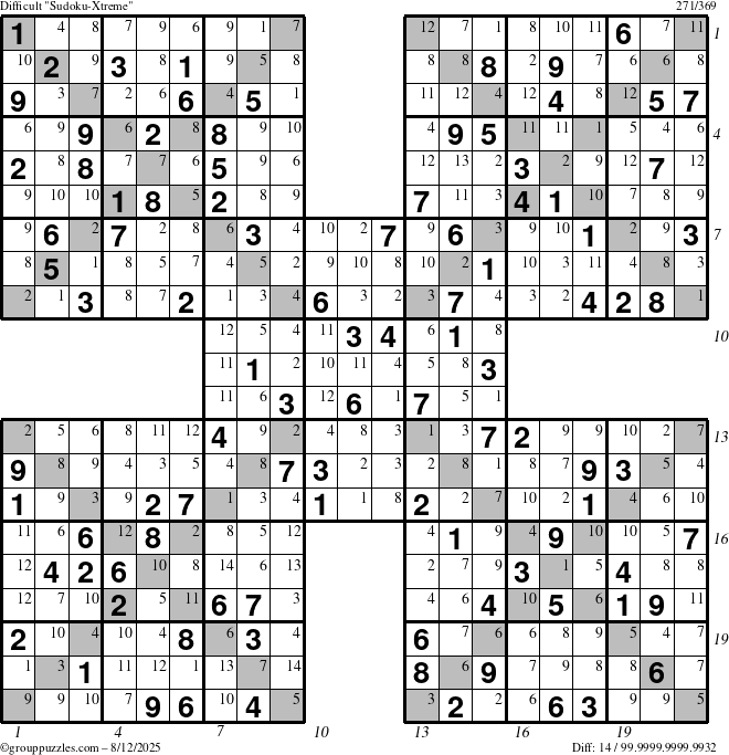 The grouppuzzles.com Difficult Sudoku-Xtreme puzzle for Tuesday August 12, 2025 with all 14 steps marked
