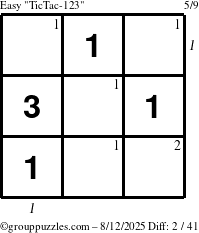 The grouppuzzles.com Easy TicTac-123 puzzle for Tuesday August 12, 2025 with all 2 steps marked