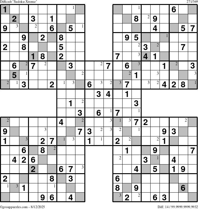 The grouppuzzles.com Difficult Sudoku-Xtreme puzzle for Tuesday August 12, 2025 with the first 3 steps marked