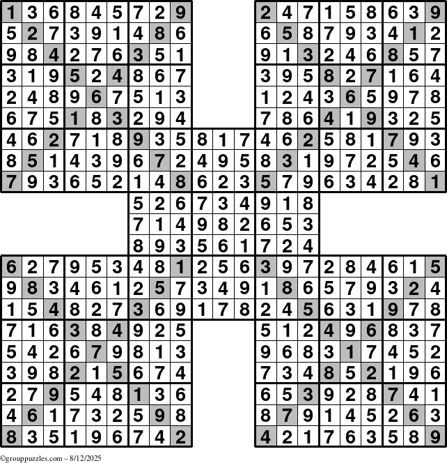 The grouppuzzles.com Answer grid for the Sudoku-Xtreme puzzle for Tuesday August 12, 2025