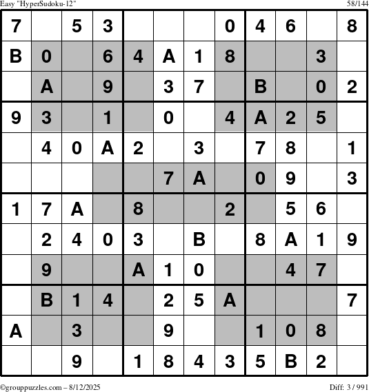 The grouppuzzles.com Easy HyperSudoku-12 puzzle for Tuesday August 12, 2025